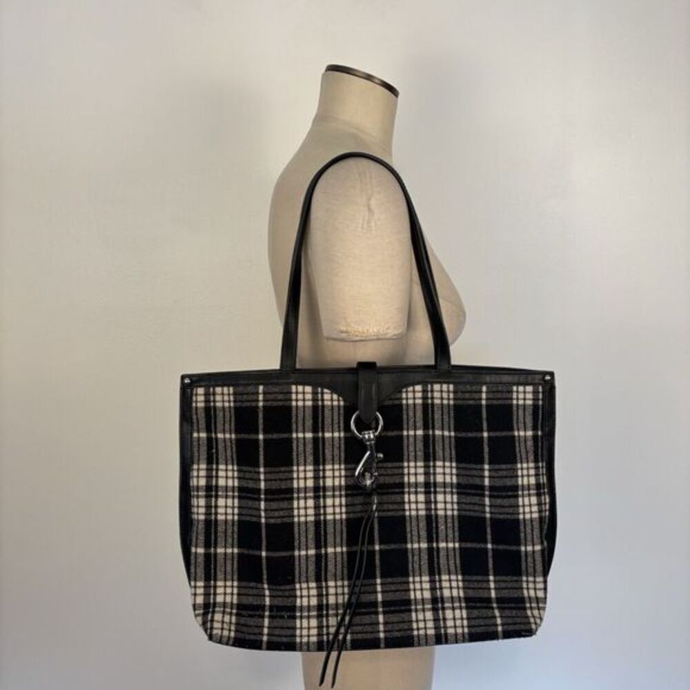 Rebecca Minkoff Megan Tote Bag Black/White Plaid Wool Blend Leather Trim